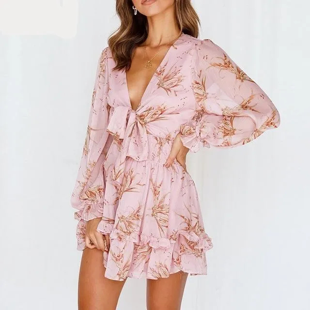 Chiffon Ruffled Front Tie Dress