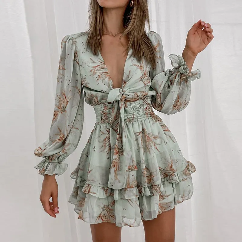 Chiffon Ruffled Front Tie Dress