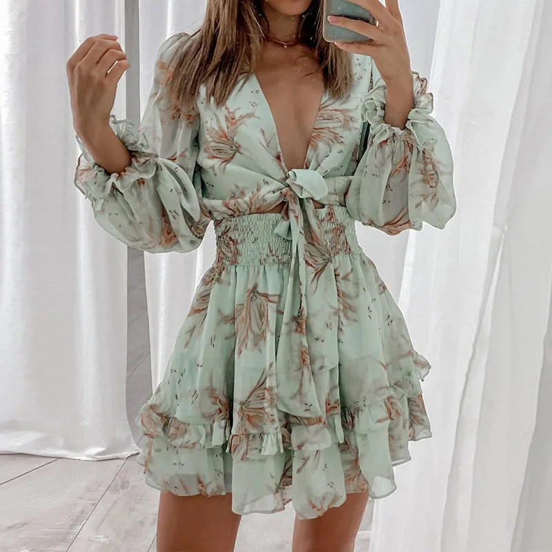 Chiffon Ruffled Front Tie Dress