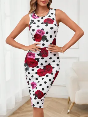 Clasi Sleeveless Floral Polka Dot Printed Dress
