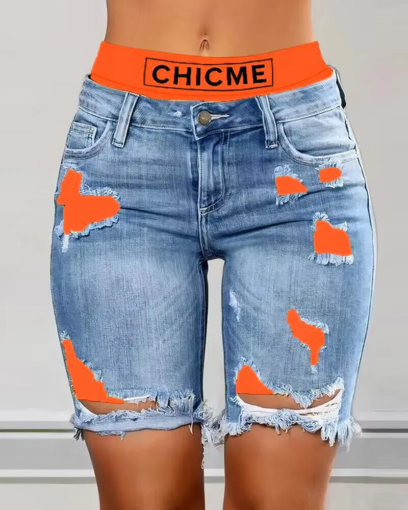 Colorblock Letter Print Ripped 2 In 1 Denim Shorts