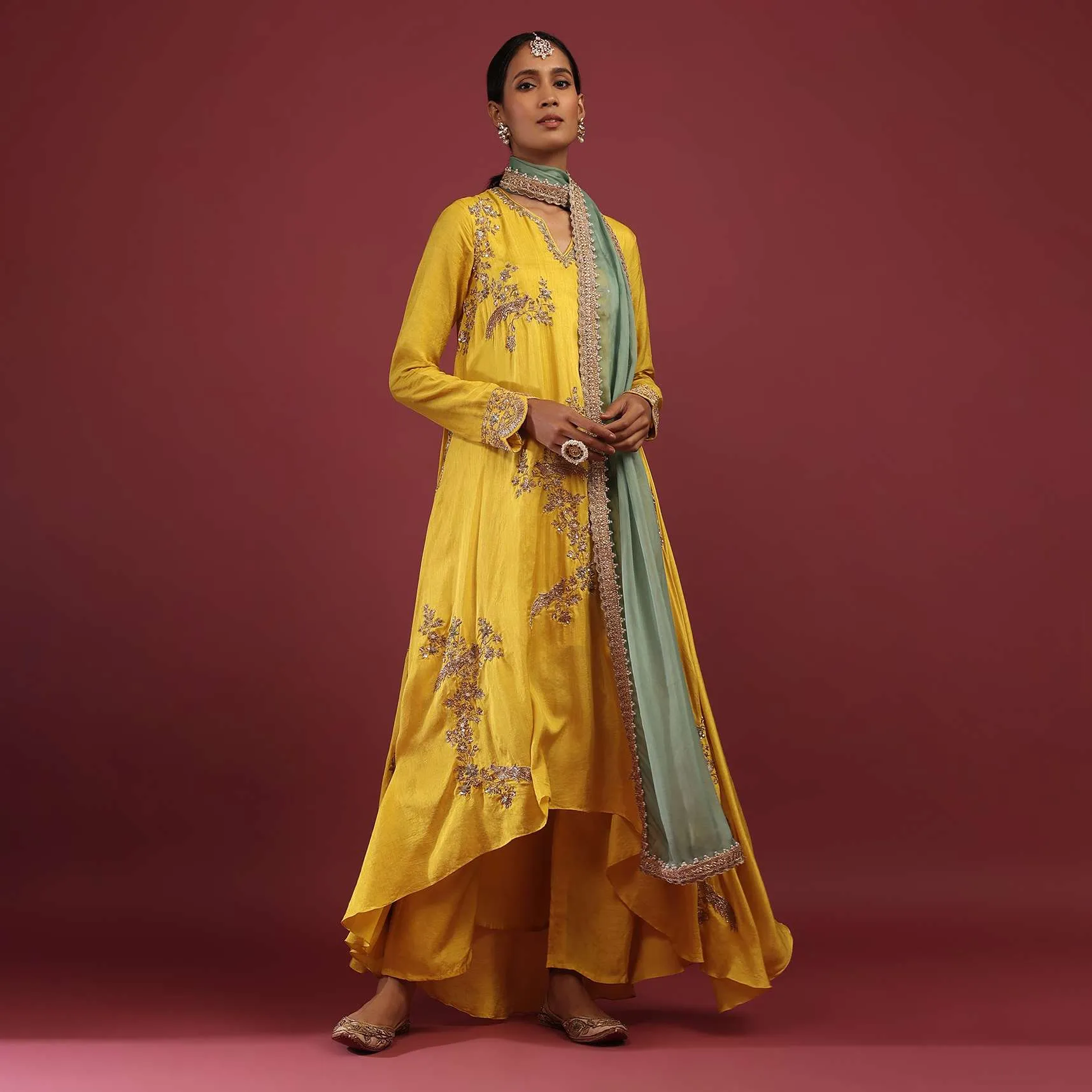 Cyber Yellow A Line Suit With Zardosi Embroidered Bird Motifs And Neptune Green Dupatta