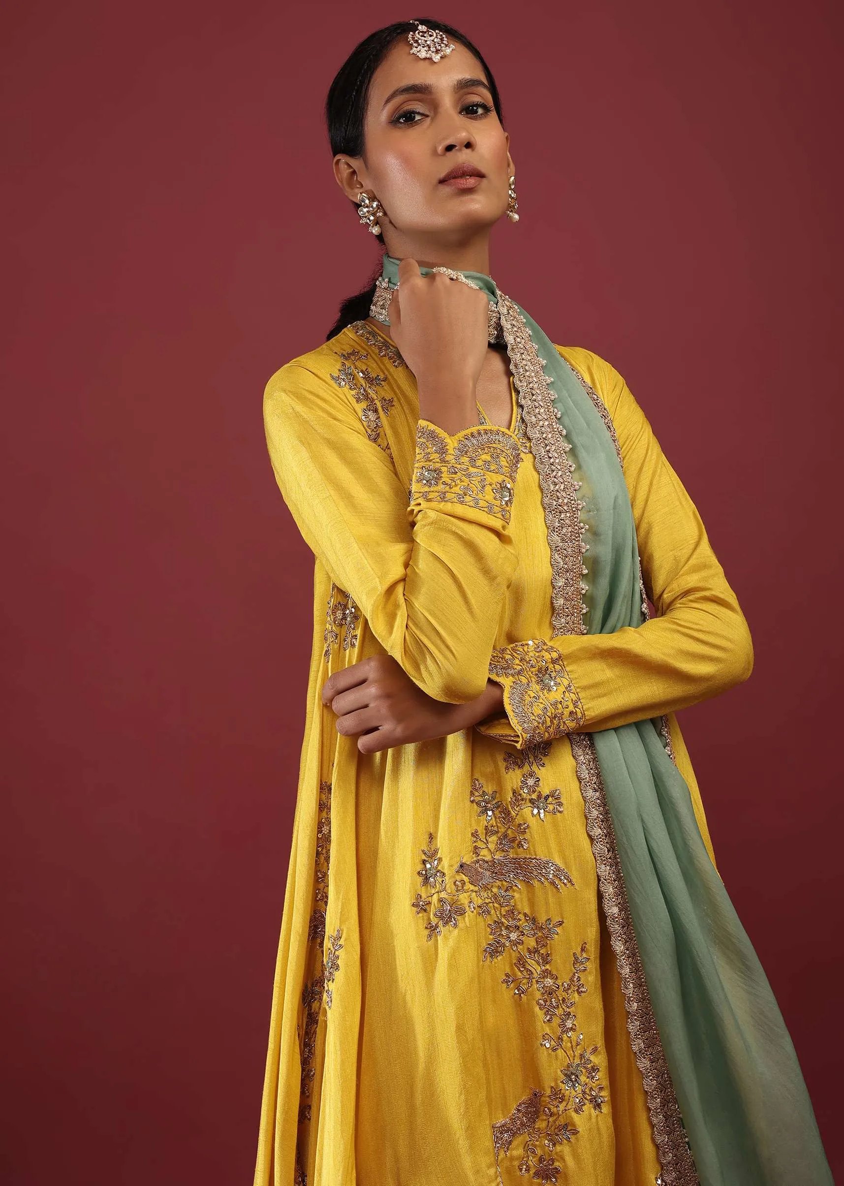 Cyber Yellow A Line Suit With Zardosi Embroidered Bird Motifs And Neptune Green Dupatta