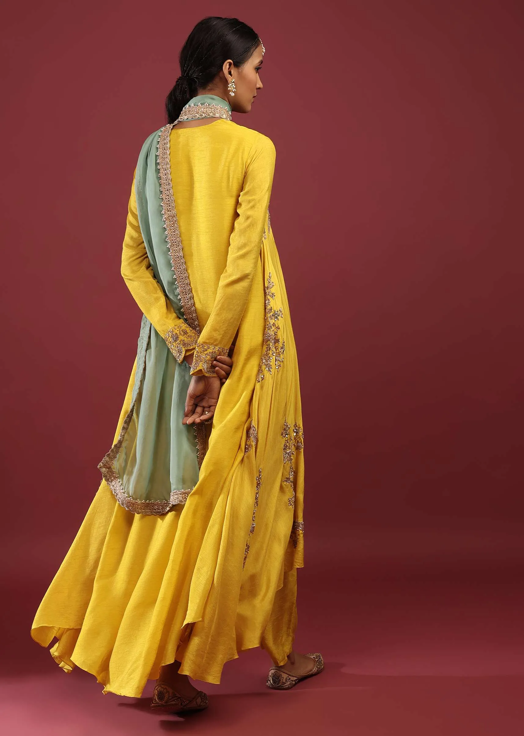 Cyber Yellow A Line Suit With Zardosi Embroidered Bird Motifs And Neptune Green Dupatta