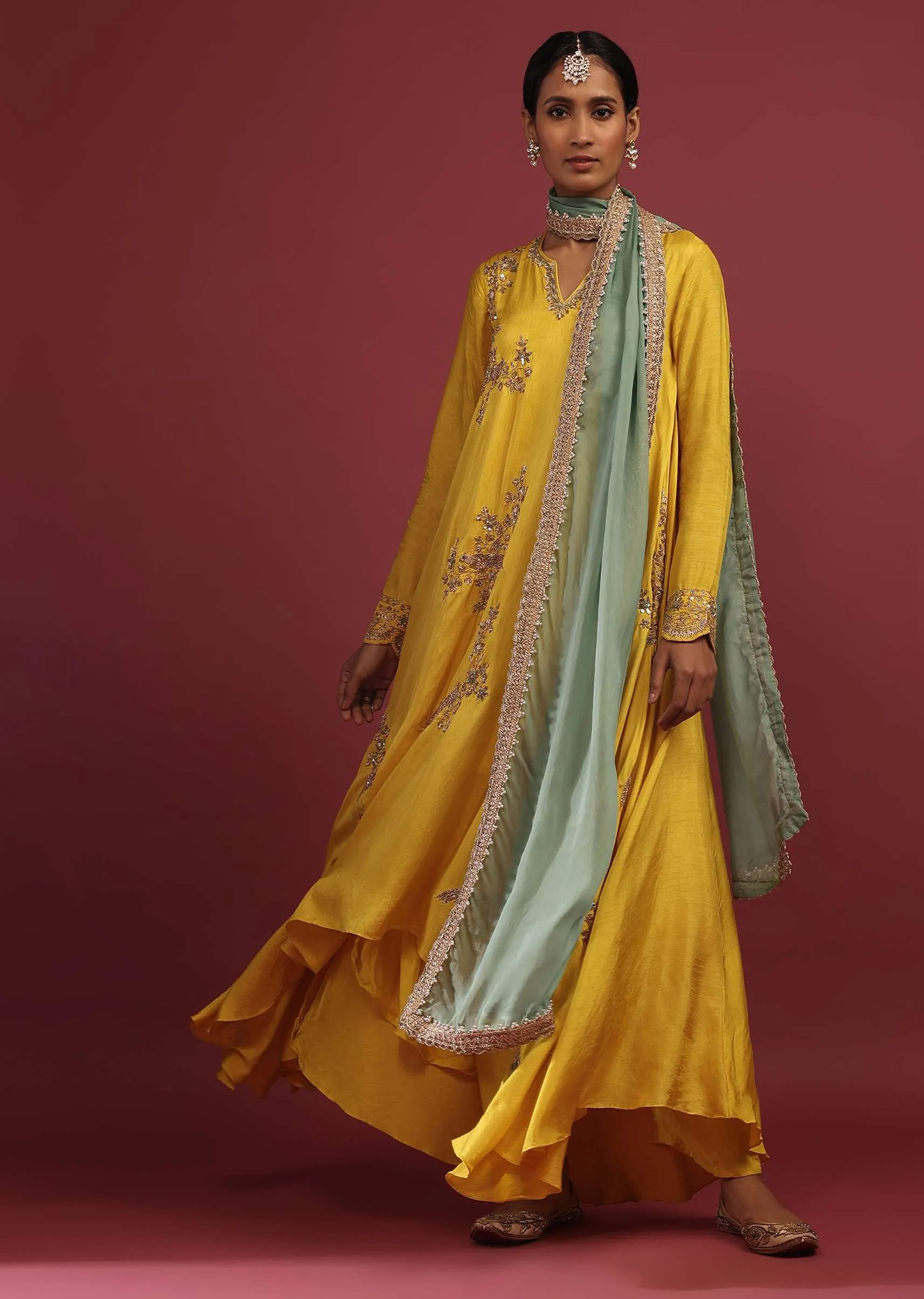 Cyber Yellow A Line Suit With Zardosi Embroidered Bird Motifs And Neptune Green Dupatta