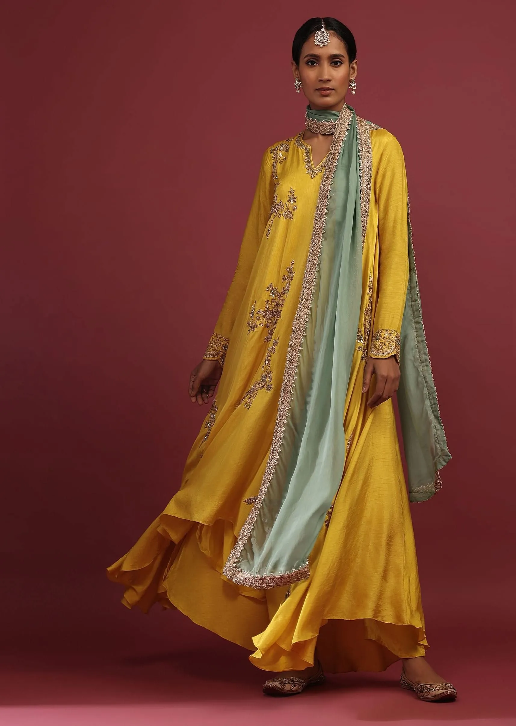 Cyber Yellow A Line Suit With Zardosi Embroidered Bird Motifs And Neptune Green Dupatta