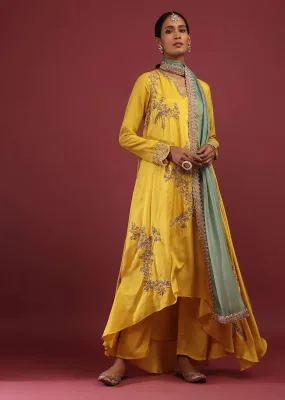 Cyber Yellow A Line Suit With Zardosi Embroidered Bird Motifs And Neptune Green Dupatta