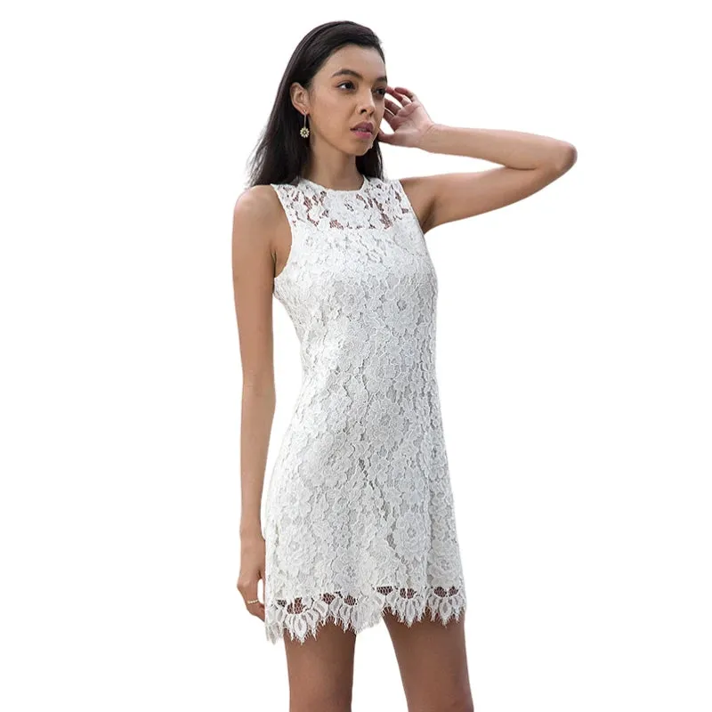 D097 Women floral eyelash lace sleeveless fitted day and party mini dress