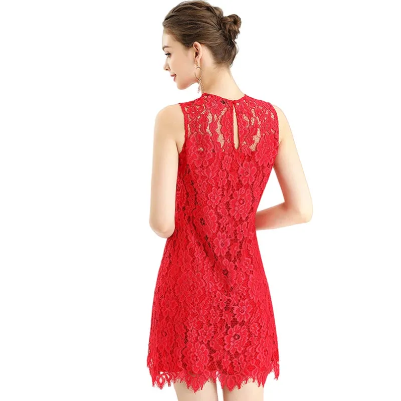 D097 Women floral eyelash lace sleeveless fitted day and party mini dress