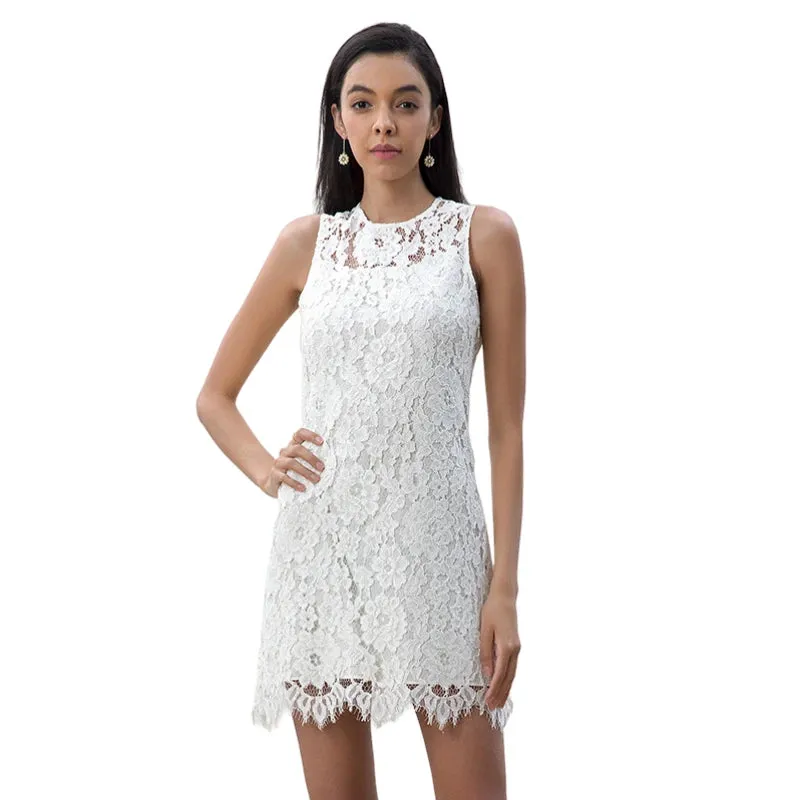 D097 Women floral eyelash lace sleeveless fitted day and party mini dress