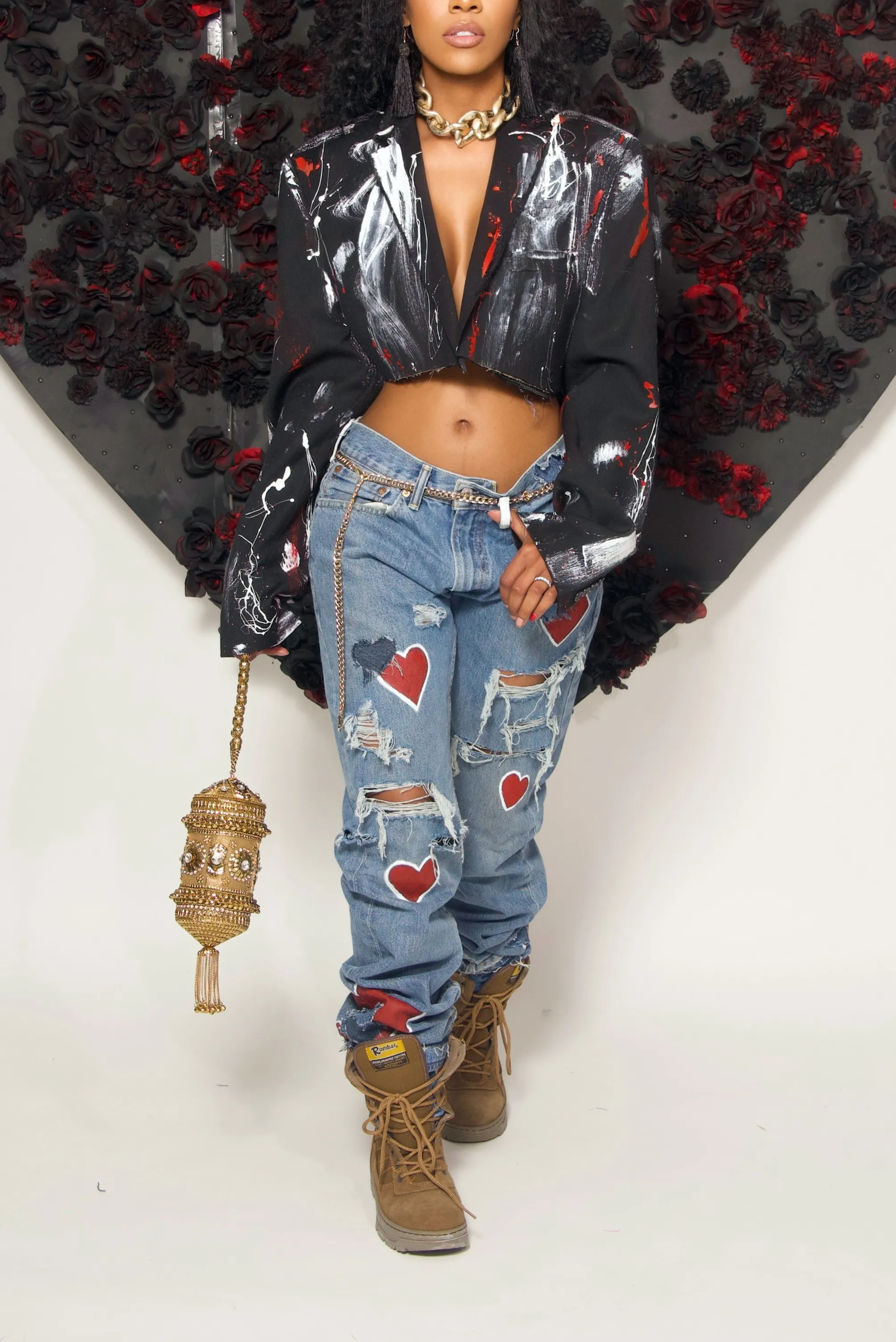 Denim Queen of hearts white painted distressed jeans