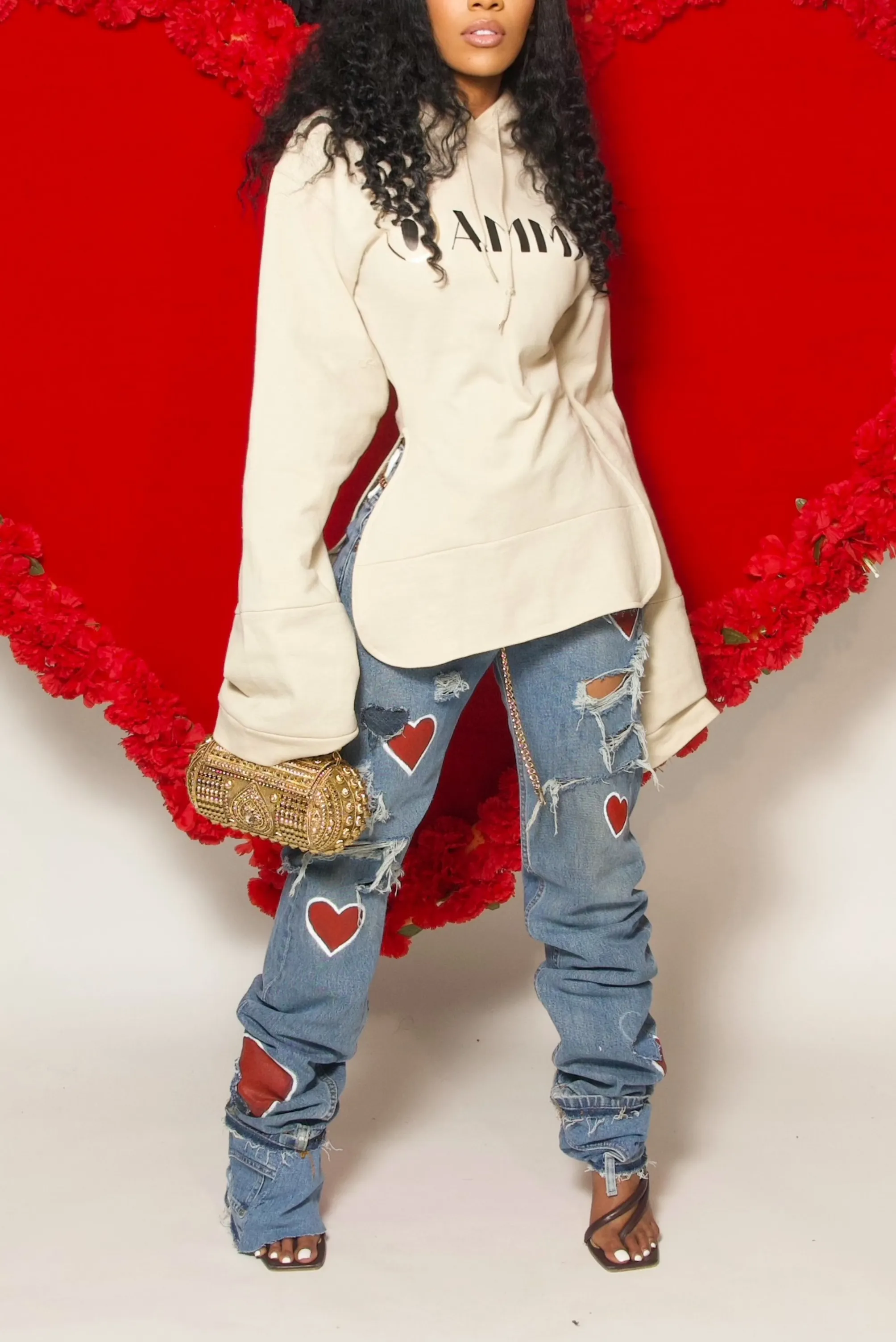 Denim Queen of hearts white painted distressed jeans