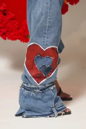 Denim Queen of hearts white painted distressed jeans