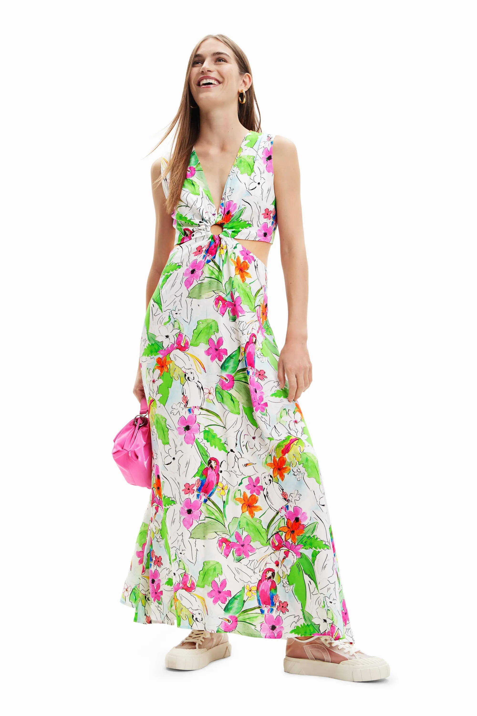Desigual Praga Tropical Maxi Dress Red White with Cutouts 23SWVW73