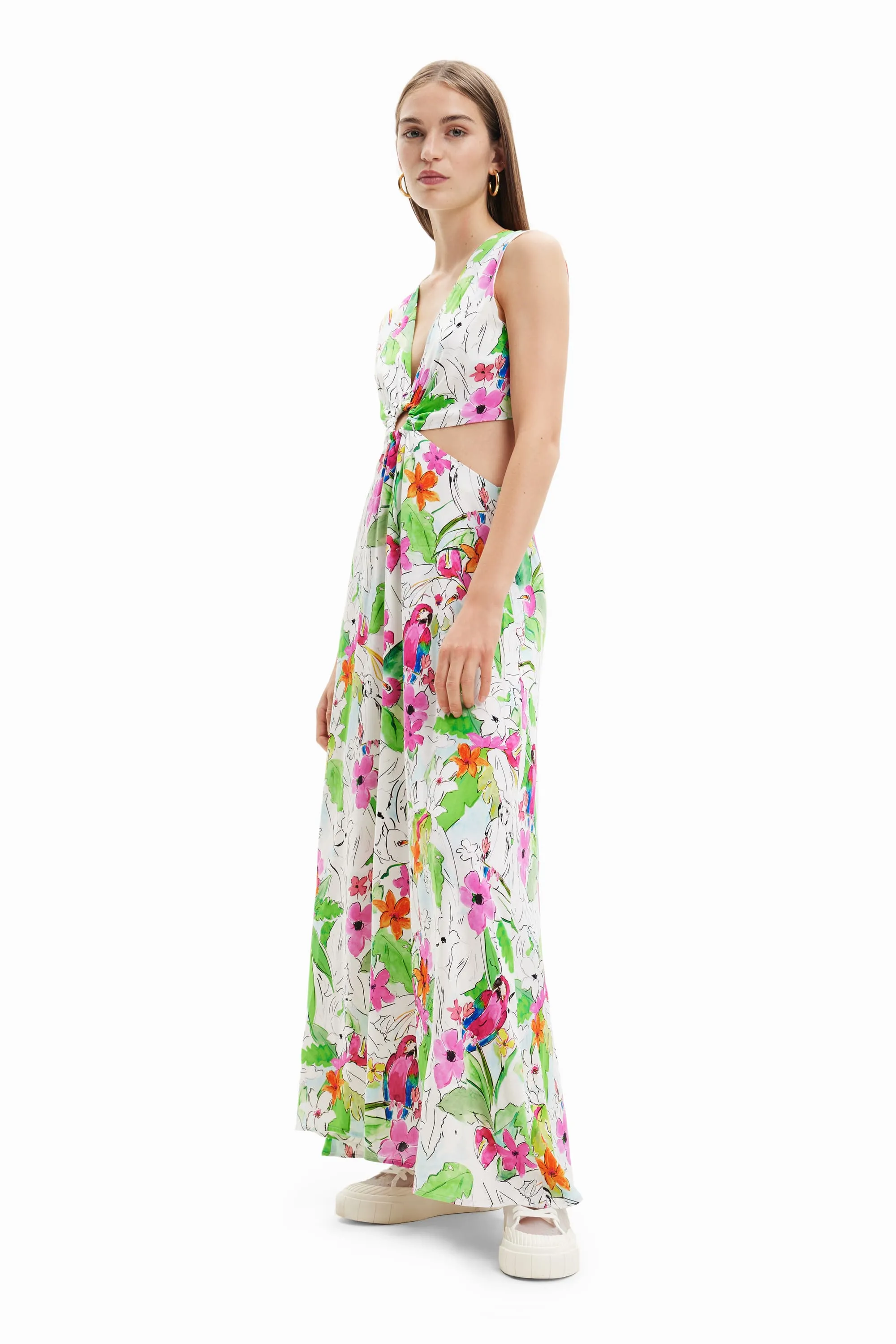Desigual Praga Tropical Maxi Dress Red White with Cutouts 23SWVW73