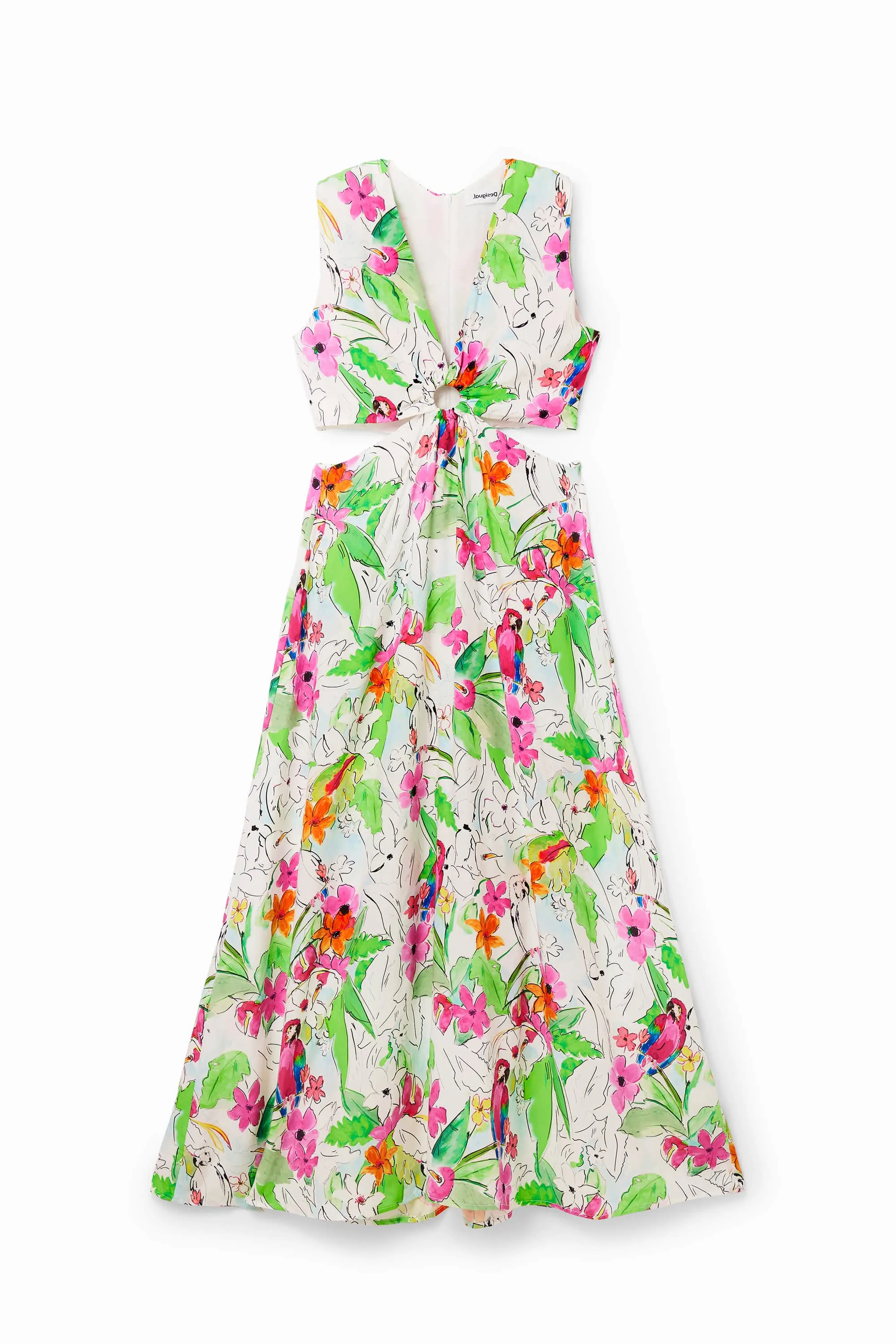 Desigual Praga Tropical Maxi Dress Red White with Cutouts 23SWVW73