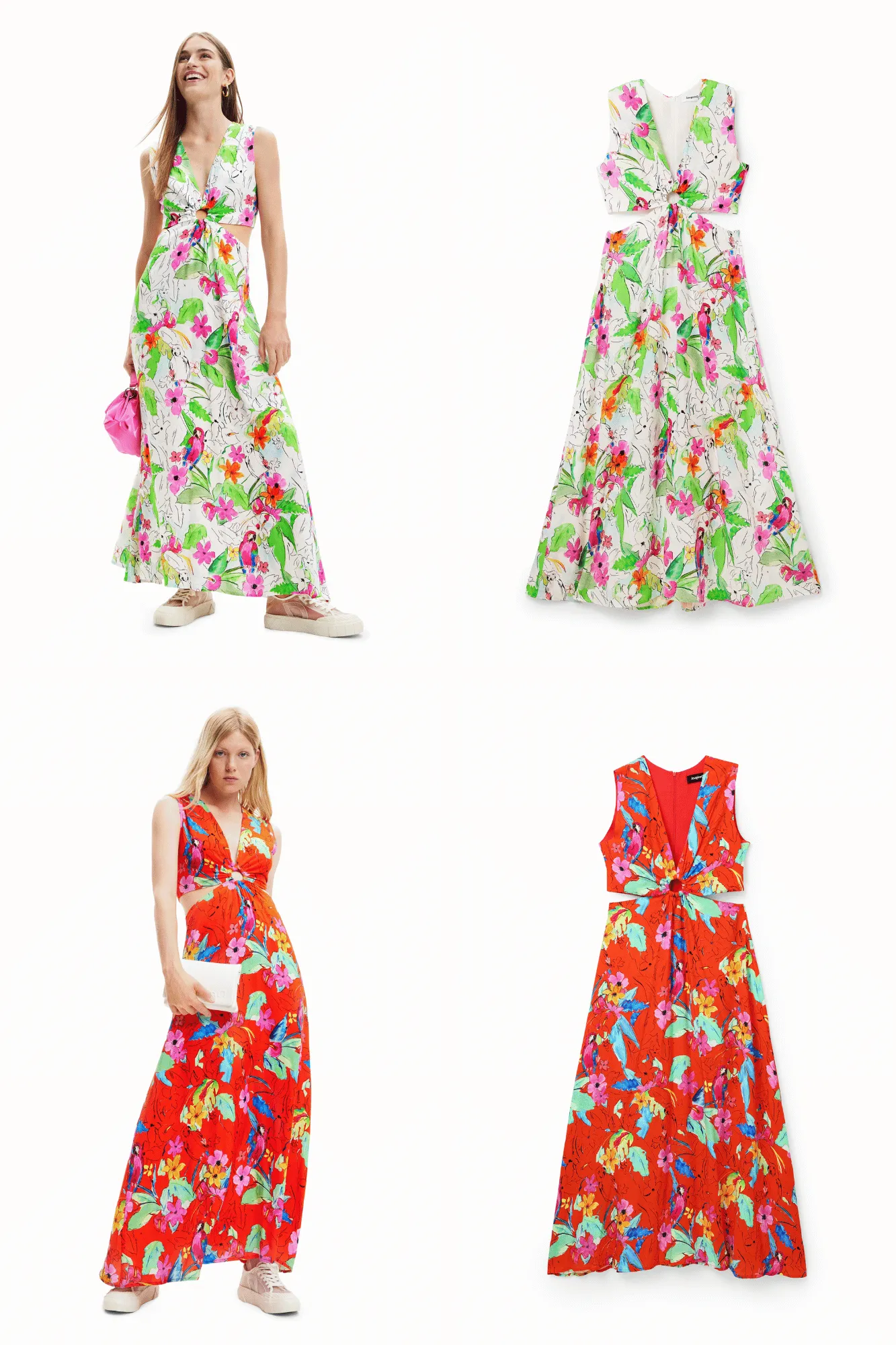 Desigual Praga Tropical Maxi Dress Red White with Cutouts 23SWVW73