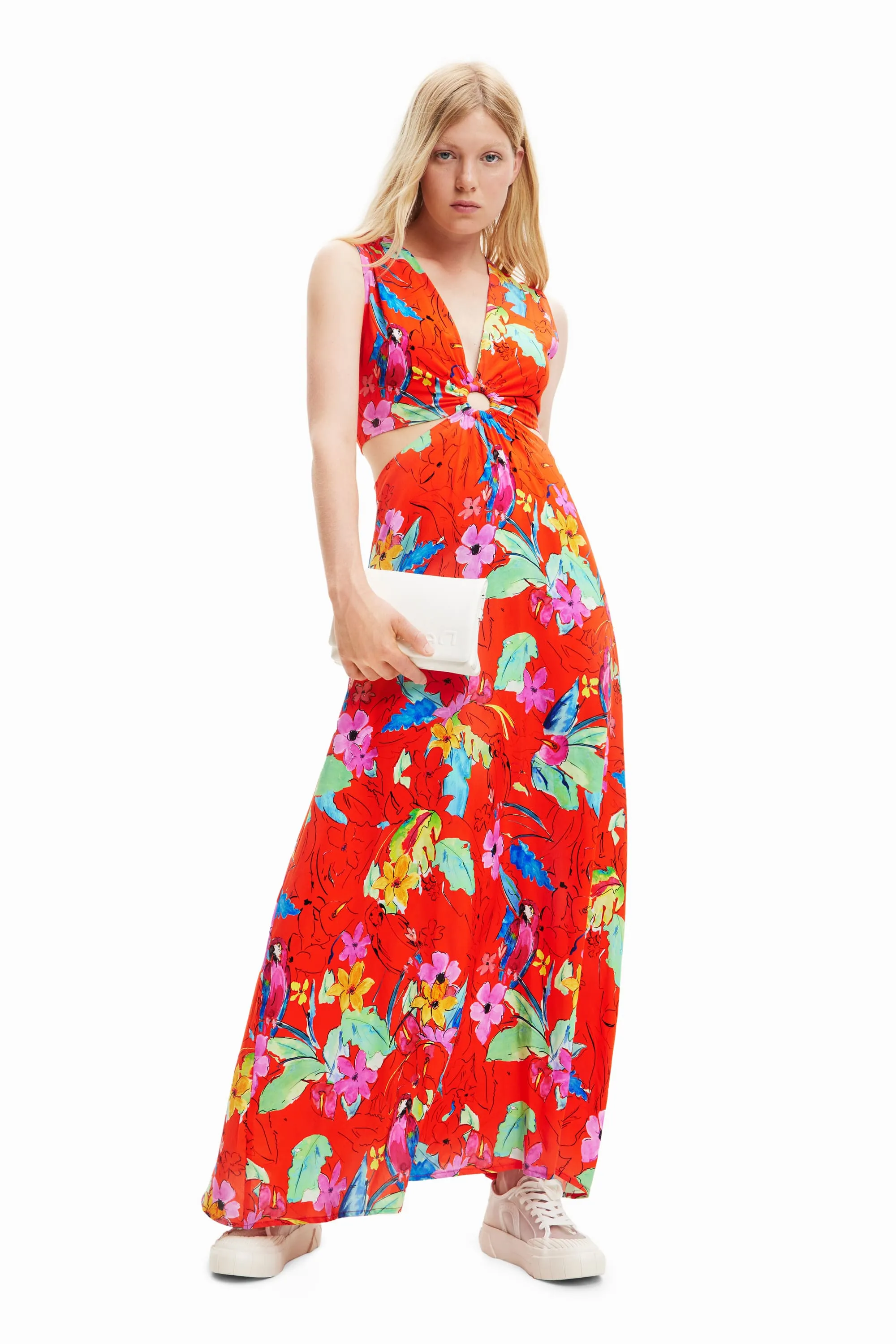 Desigual Praga Tropical Maxi Dress Red White with Cutouts 23SWVW73