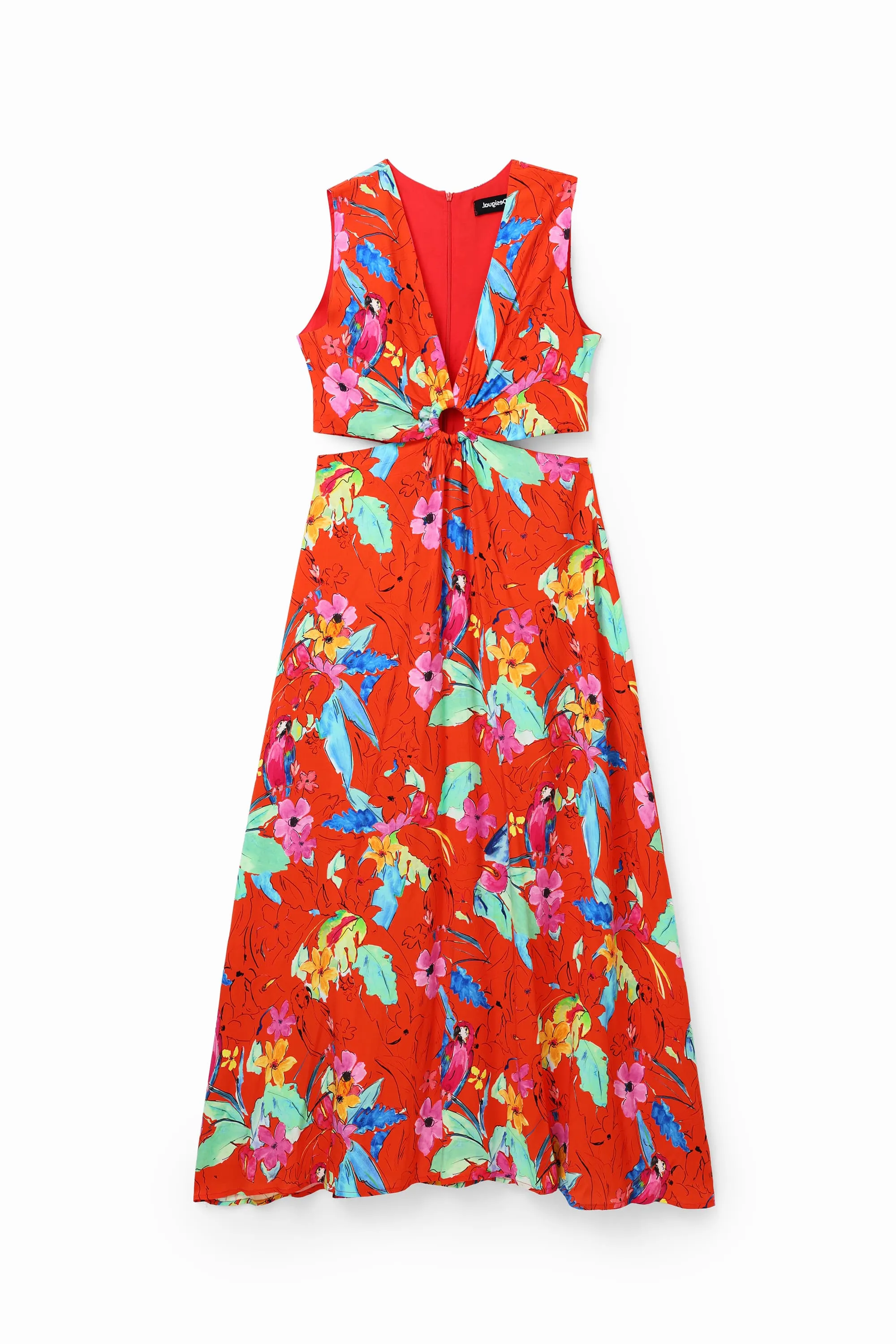 Desigual Praga Tropical Maxi Dress Red White with Cutouts 23SWVW73