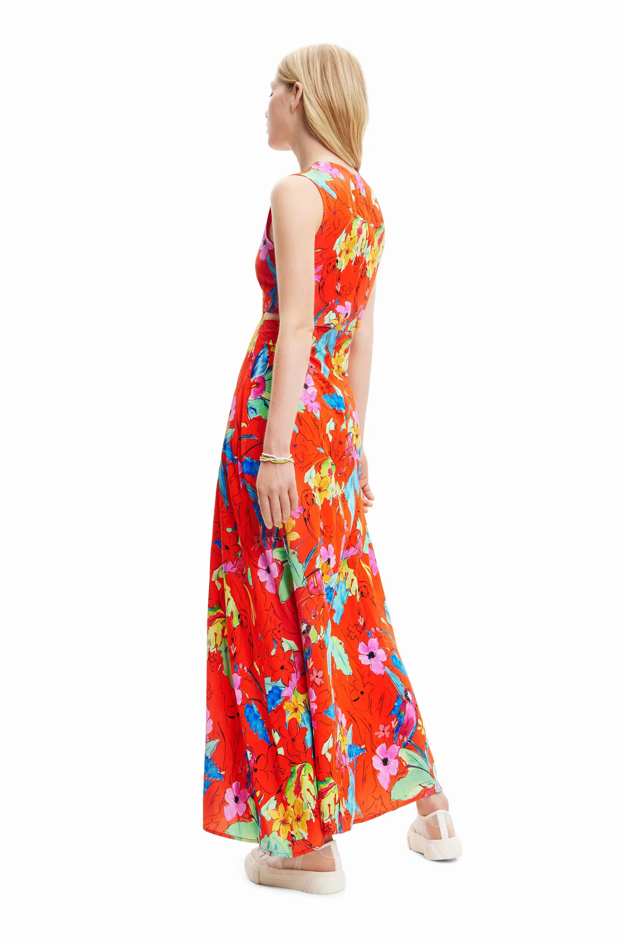 Desigual Praga Tropical Maxi Dress Red White with Cutouts 23SWVW73