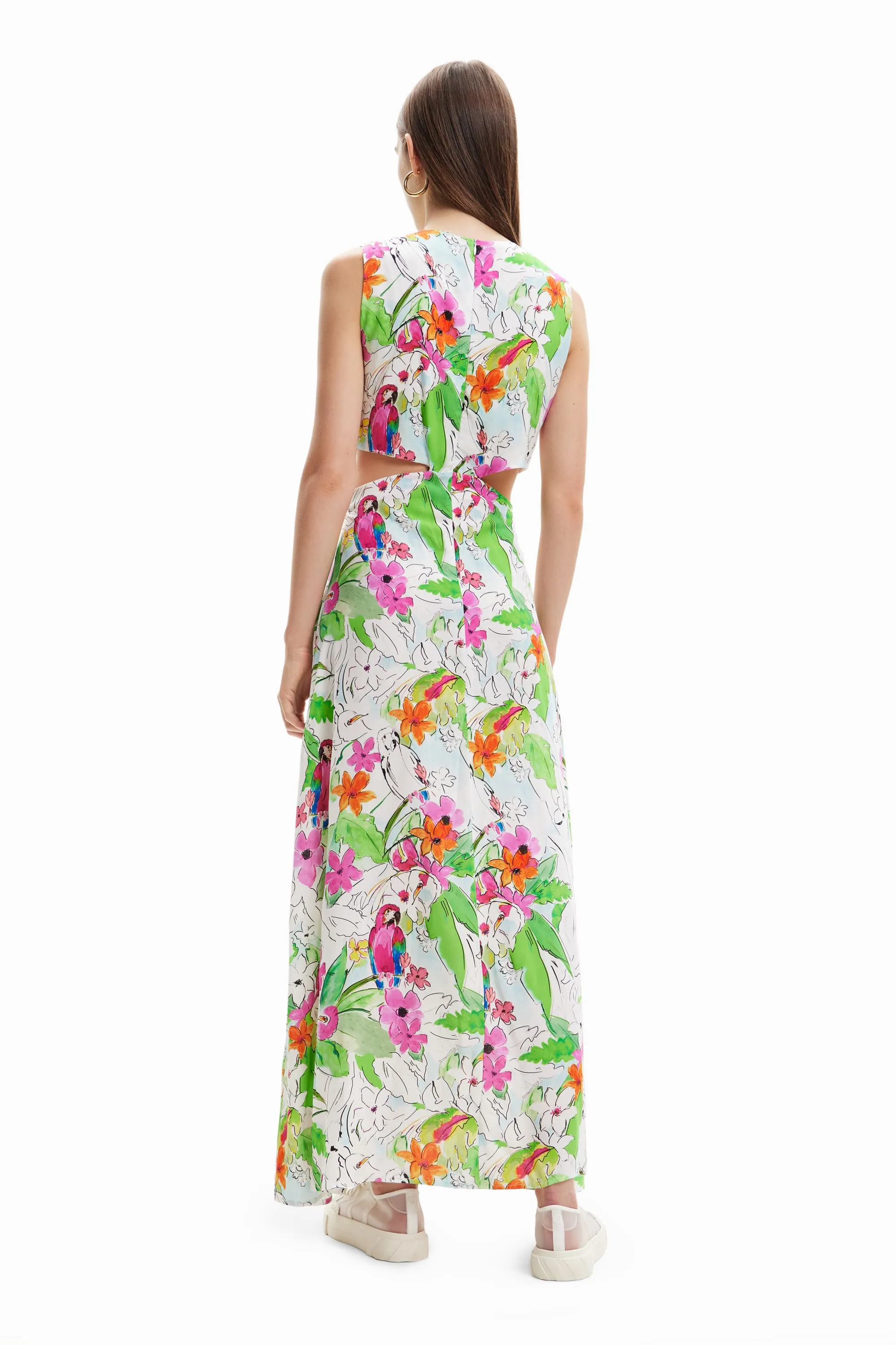 Desigual Praga Tropical Maxi Dress Red White with Cutouts 23SWVW73