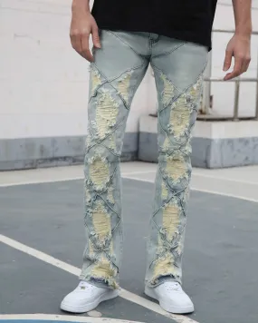 Distressed Flared Blue Jeans with Large Ripped
