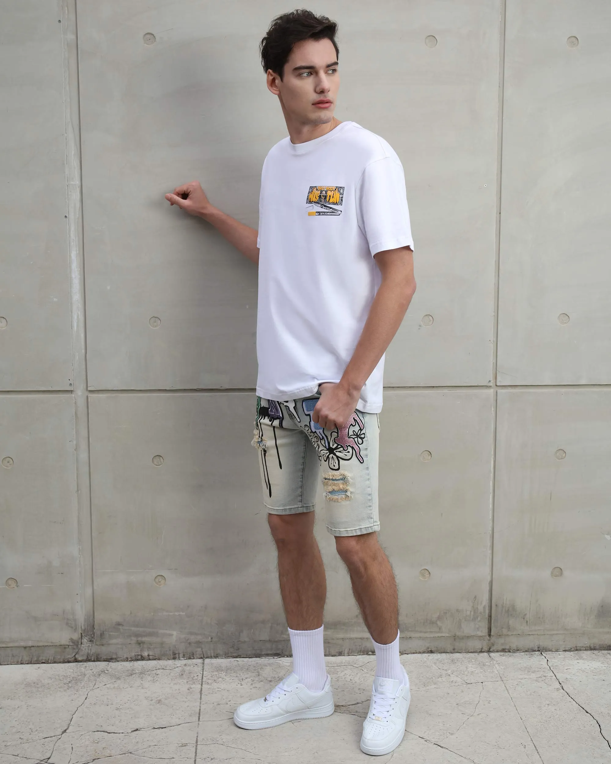 Distressed Graffiti Painted Blue Denim Shorts-Mexico Local Delivery