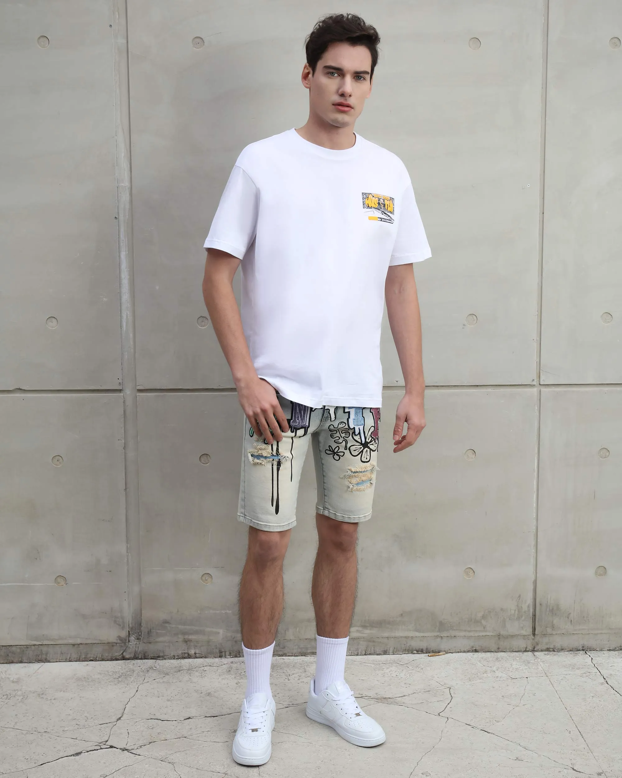 Distressed Graffiti Painted Blue Denim Shorts-Mexico Local Delivery