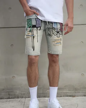 Distressed Graffiti Painted Blue Denim Shorts-Mexico Local Delivery
