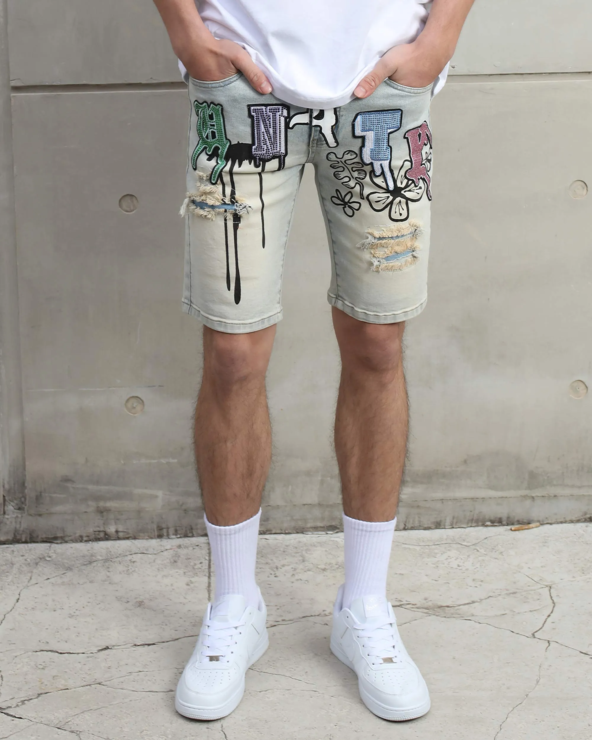 Distressed Graffiti Painted Blue Denim Shorts-Mexico Local Delivery
