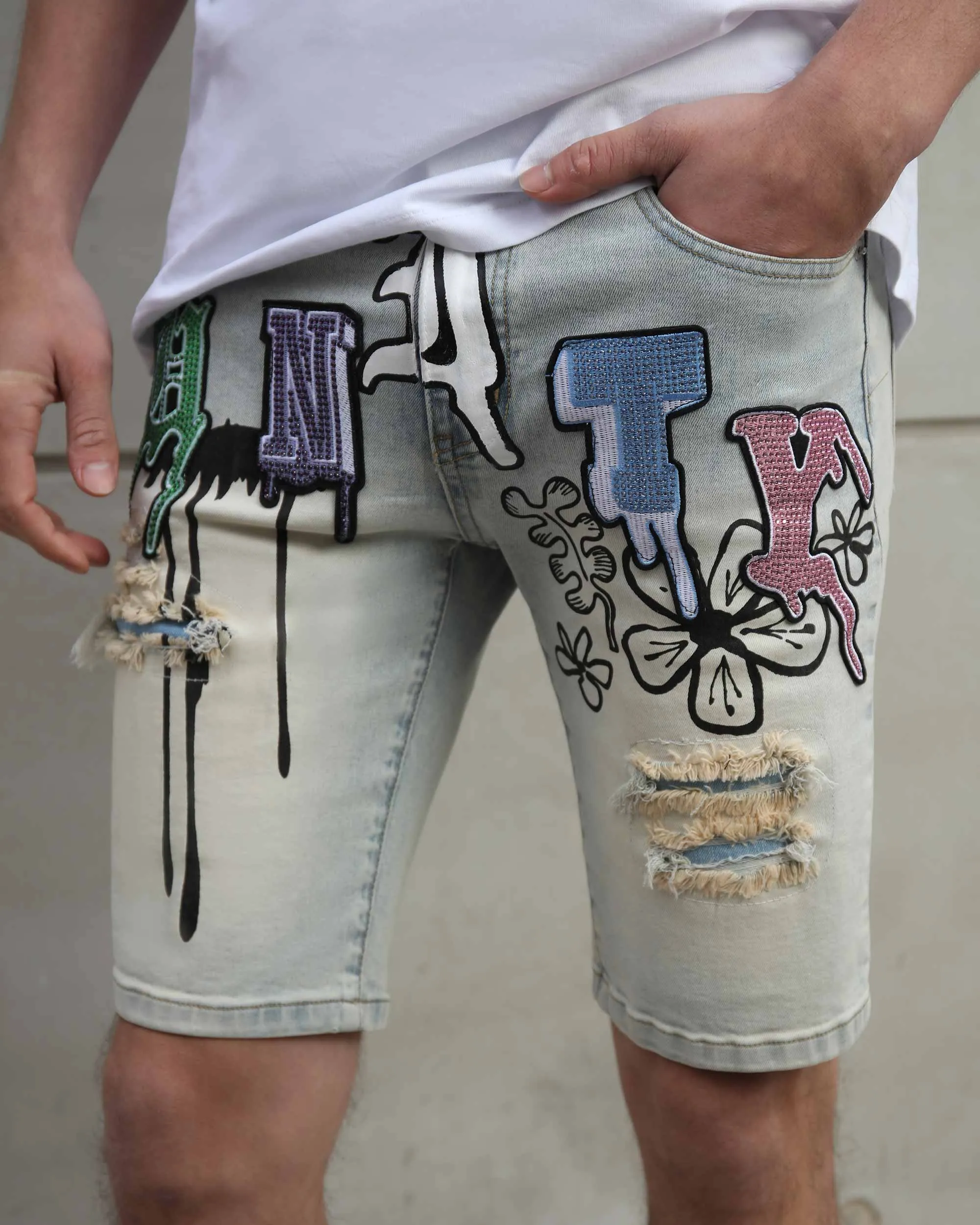 Distressed Graffiti Painted Blue Denim Shorts-Mexico Local Delivery