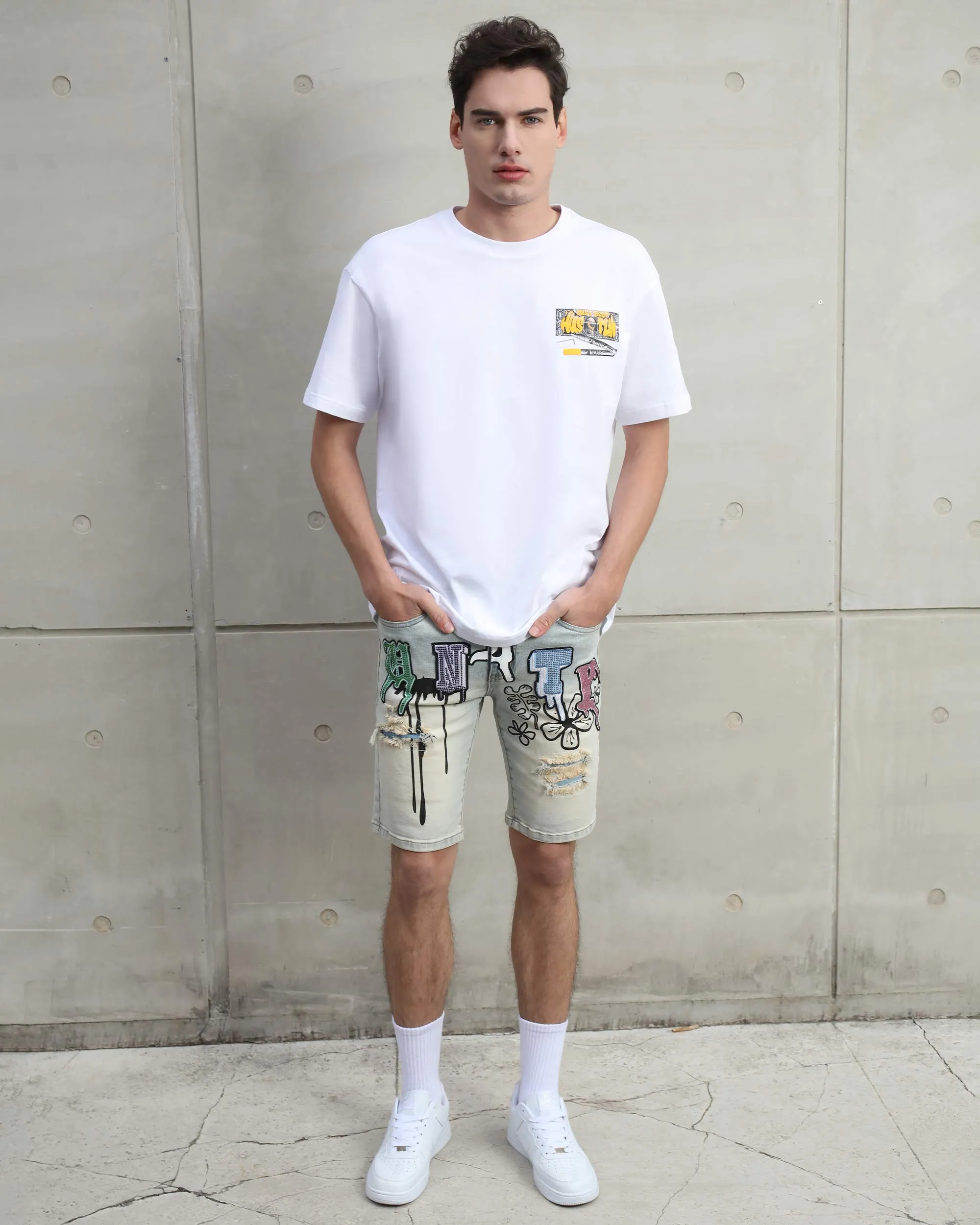 Distressed Graffiti Painted Blue Denim Shorts-Mexico Local Delivery