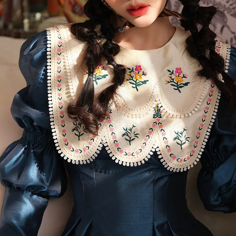 Double collar bib long sleeve retro autumn dress- Gloria