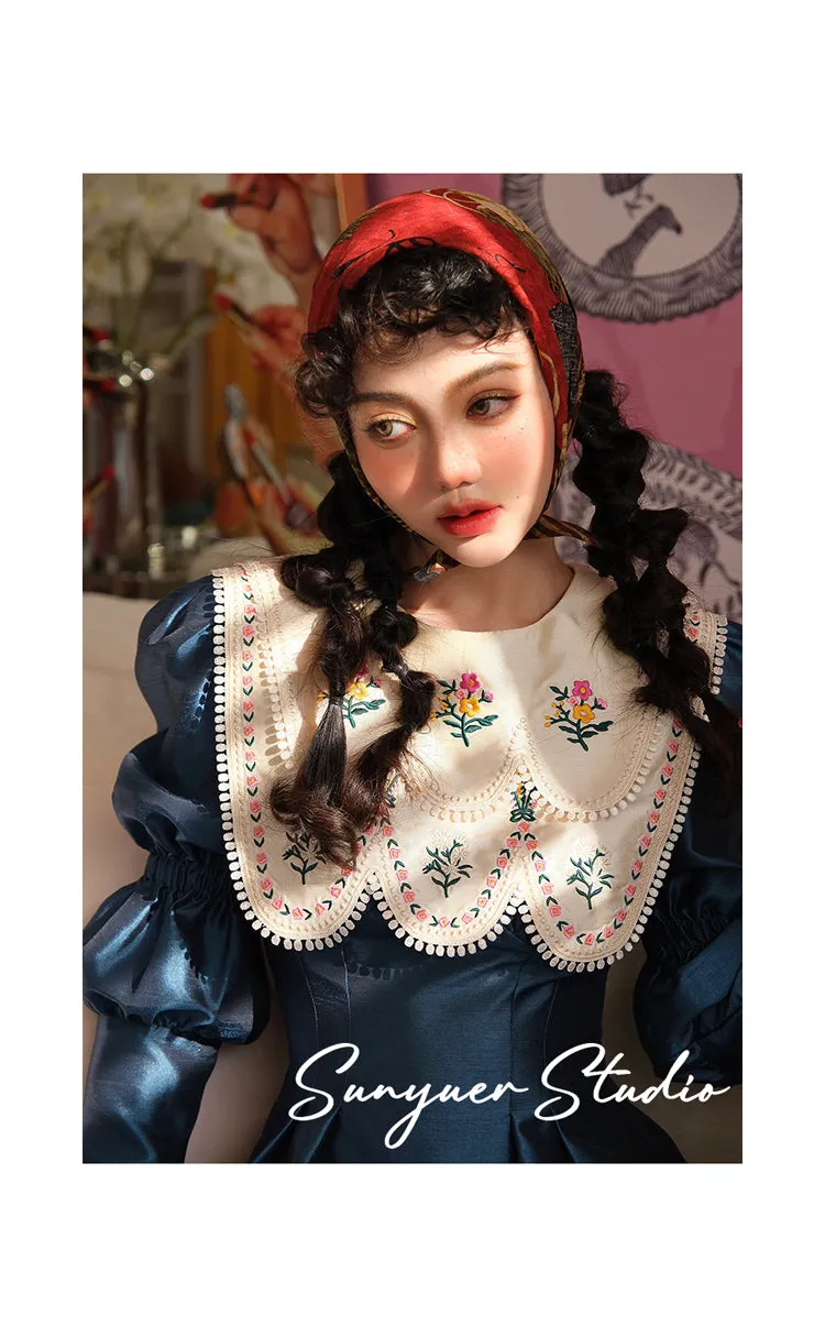 Double collar bib long sleeve retro autumn dress- Gloria