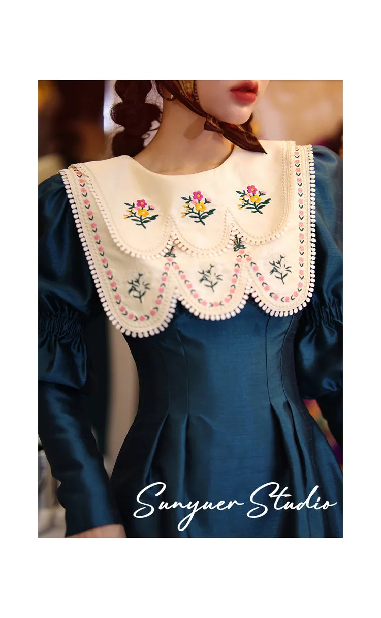 Double collar bib long sleeve retro autumn dress- Gloria