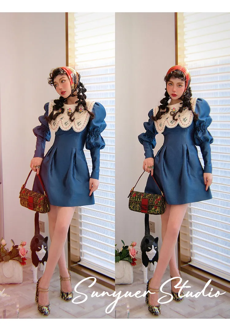 Double collar bib long sleeve retro autumn dress- Gloria