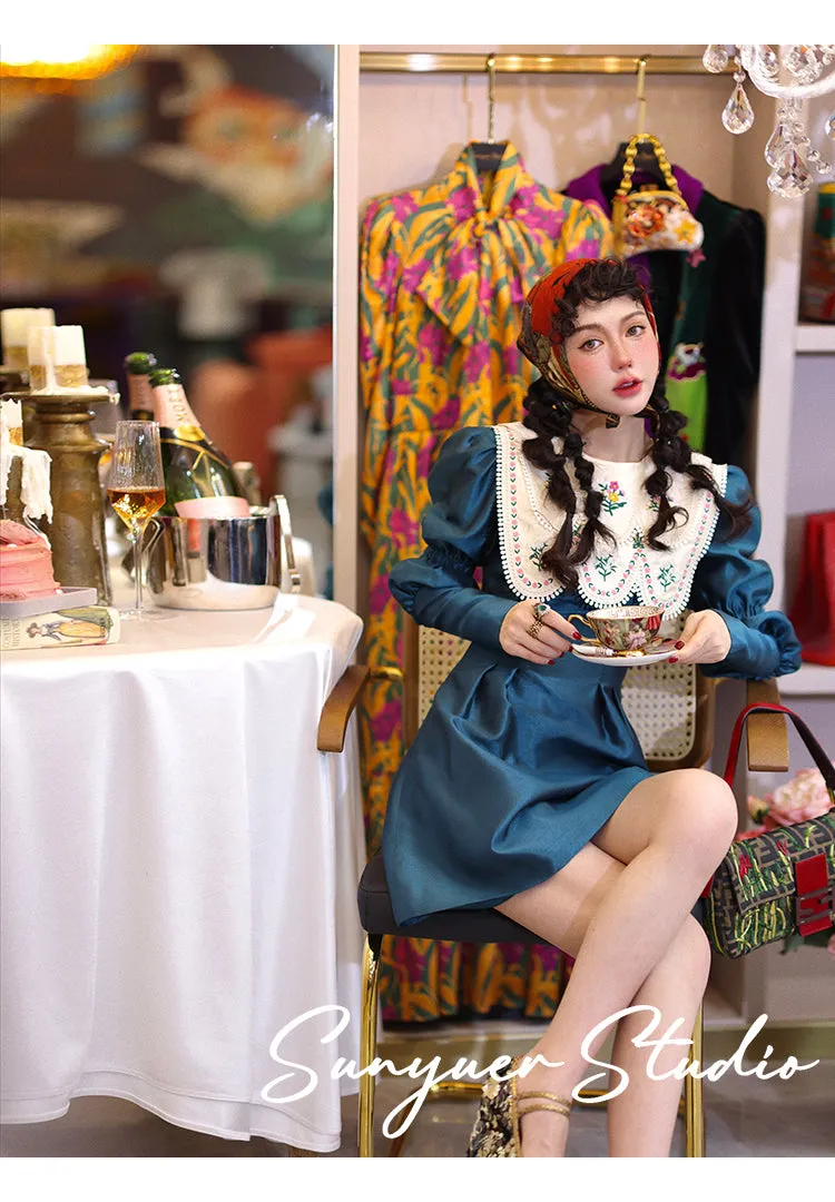 Double collar bib long sleeve retro autumn dress- Gloria