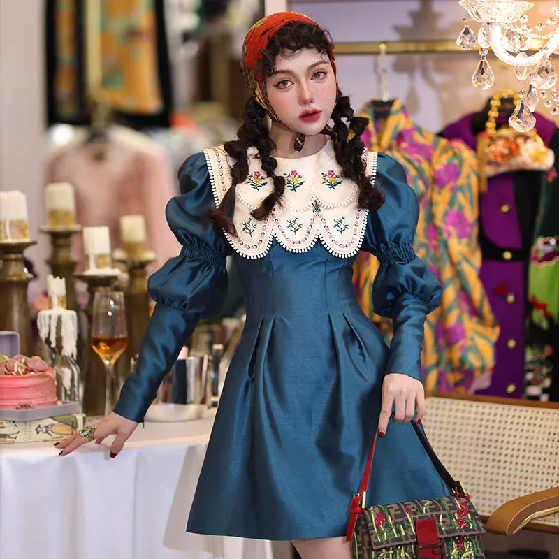 Double collar bib long sleeve retro autumn dress- Gloria