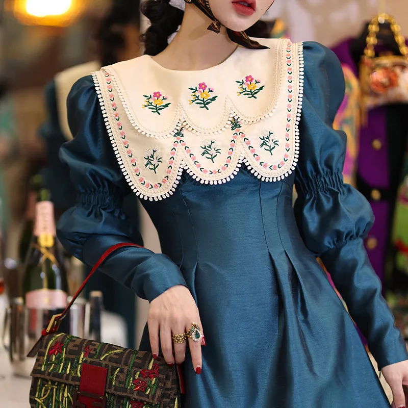 Double collar bib long sleeve retro autumn dress- Gloria