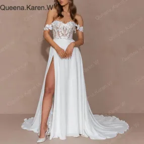 Elegant Boho A line Wedding Dress off shoulder lace applique bride dress robe de mariee A line Wedding Bridal Gown