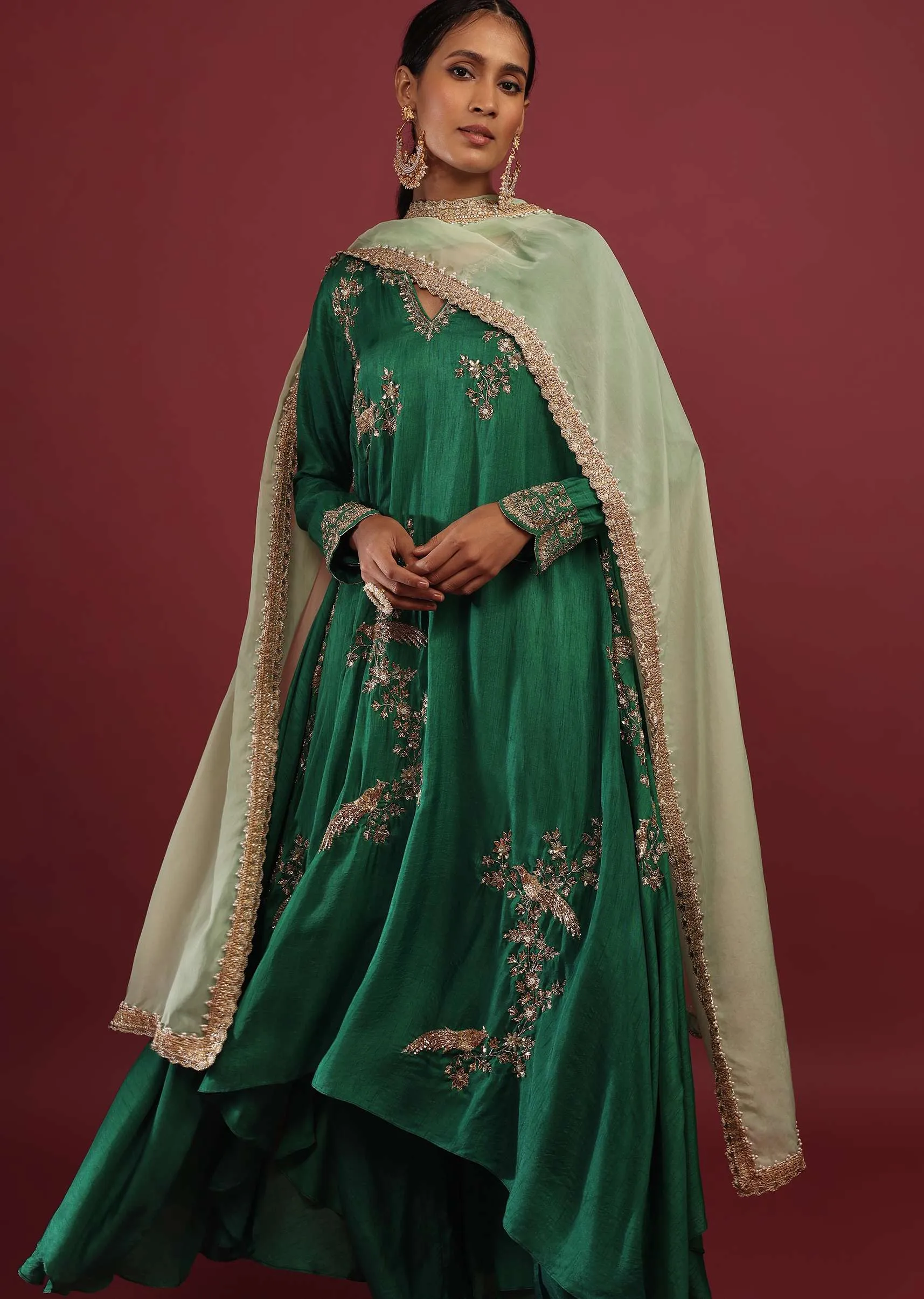 Emerald Green A Line Suit With Zardosi Embroidered Bird Motifs And Pista Green Dupatta