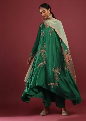 Emerald Green A Line Suit With Zardosi Embroidered Bird Motifs And Pista Green Dupatta