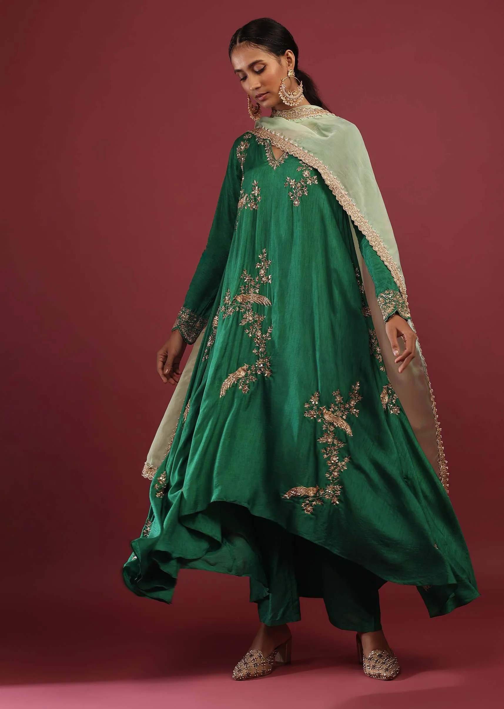 Emerald Green A Line Suit With Zardosi Embroidered Bird Motifs And Pista Green Dupatta