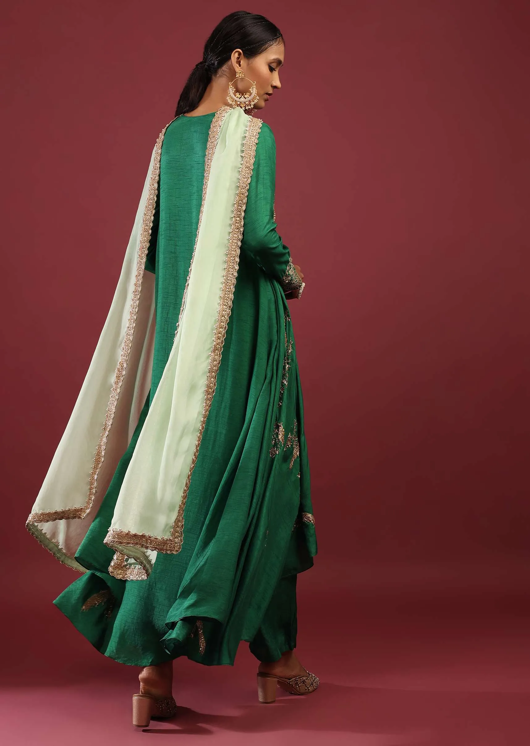 Emerald Green A Line Suit With Zardosi Embroidered Bird Motifs And Pista Green Dupatta