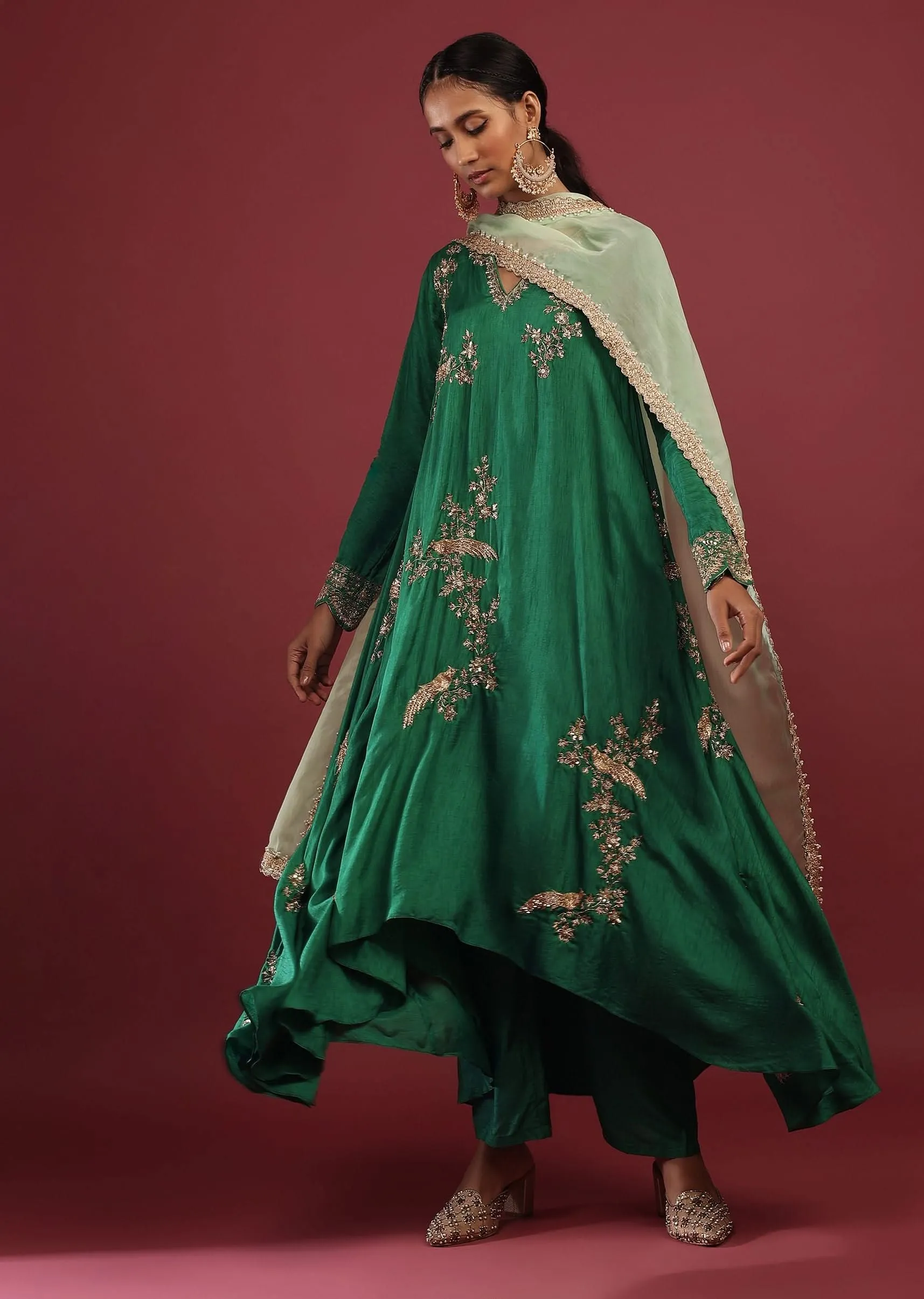 Emerald Green A Line Suit With Zardosi Embroidered Bird Motifs And Pista Green Dupatta