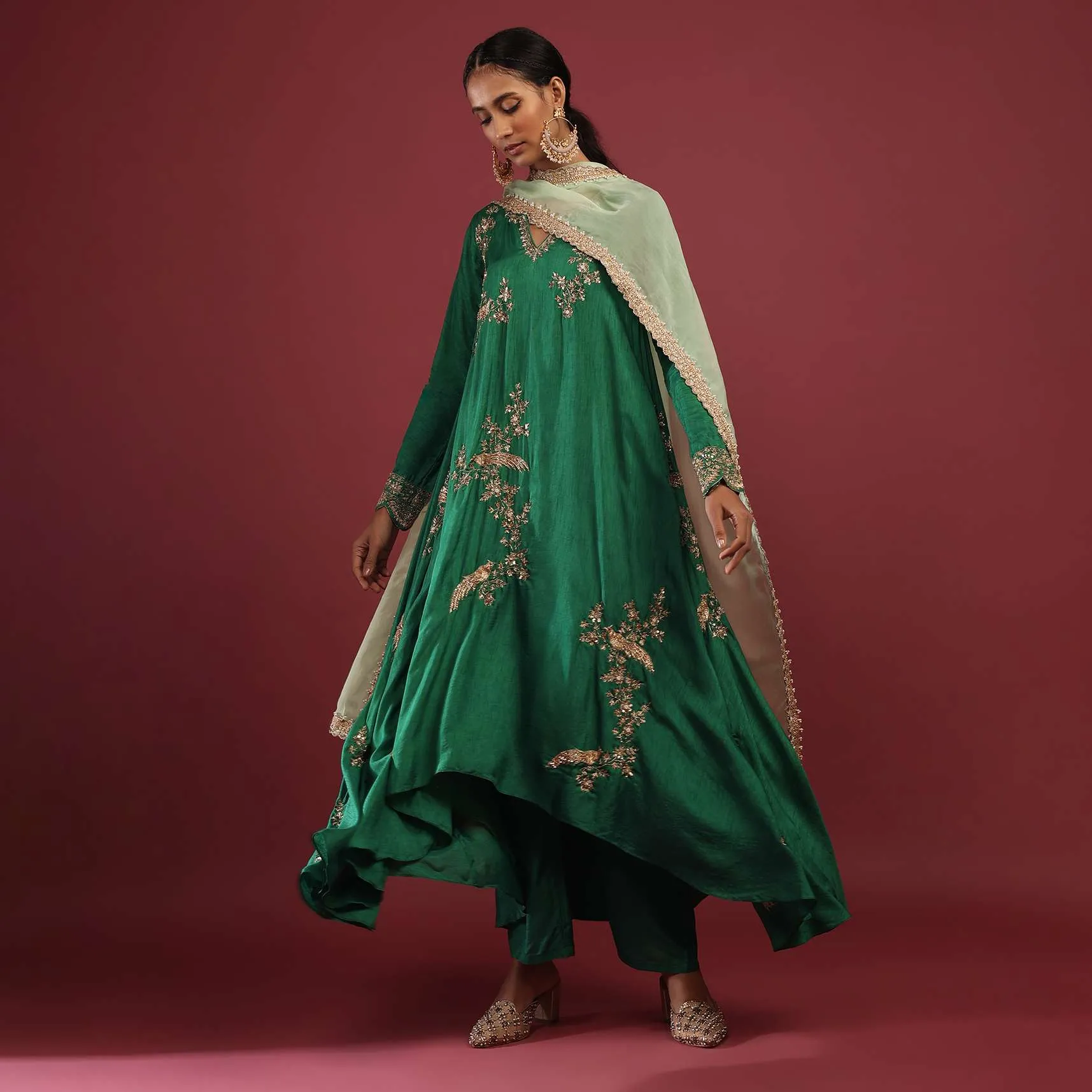 Emerald Green A Line Suit With Zardosi Embroidered Bird Motifs And Pista Green Dupatta