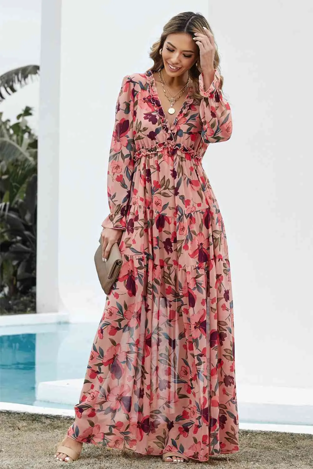 Exclusive Long Sleeve Plunge Dress Maxi | Enoch Fashion