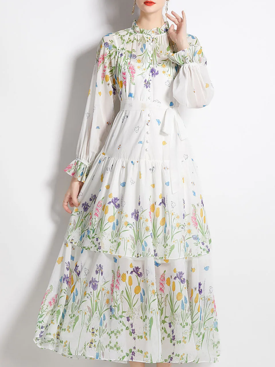 Green Floral Print Ruffles Collar Long Sleeve Maxi Holiday Dress