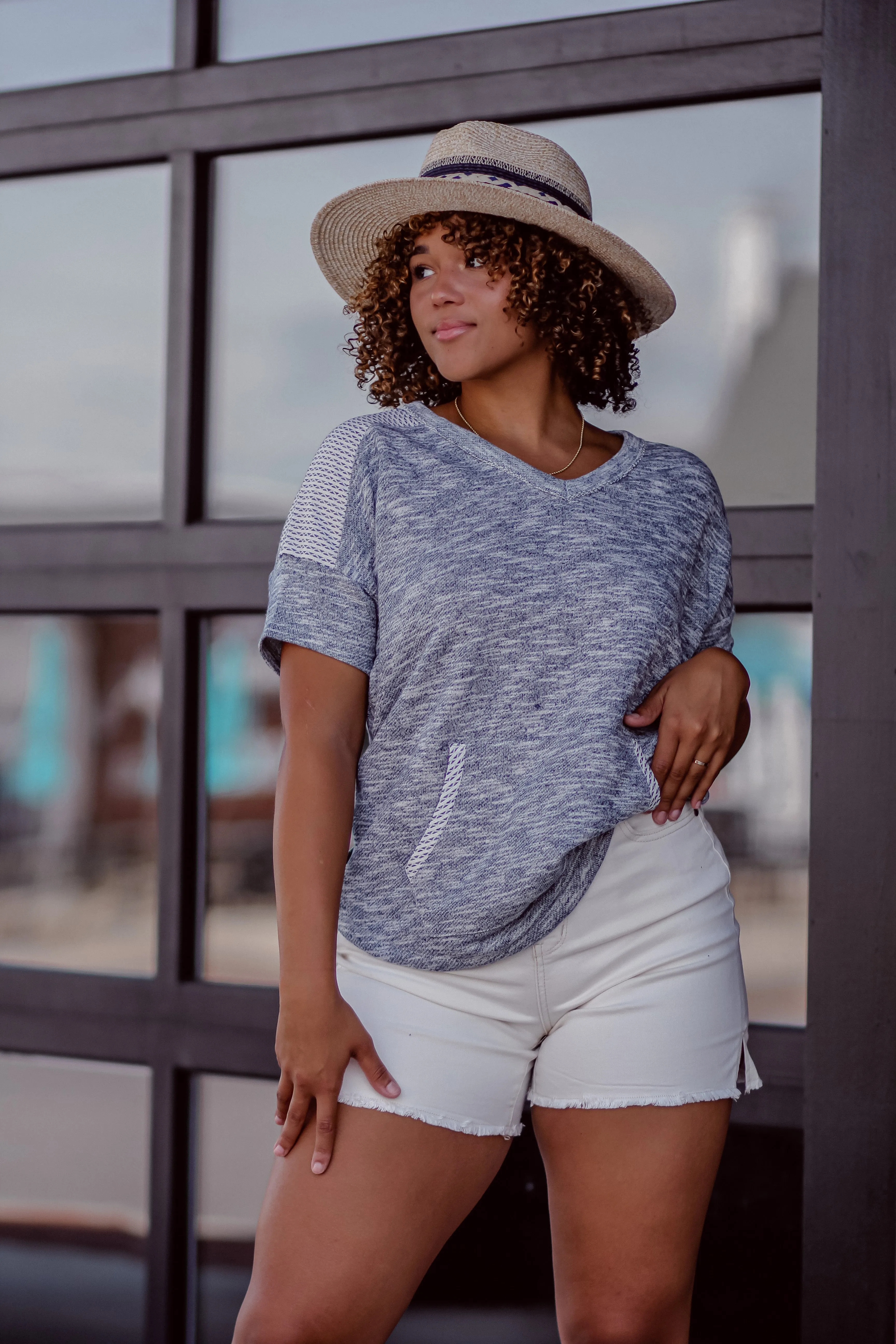 Grey and Checker Detail V Neck Pullover Top