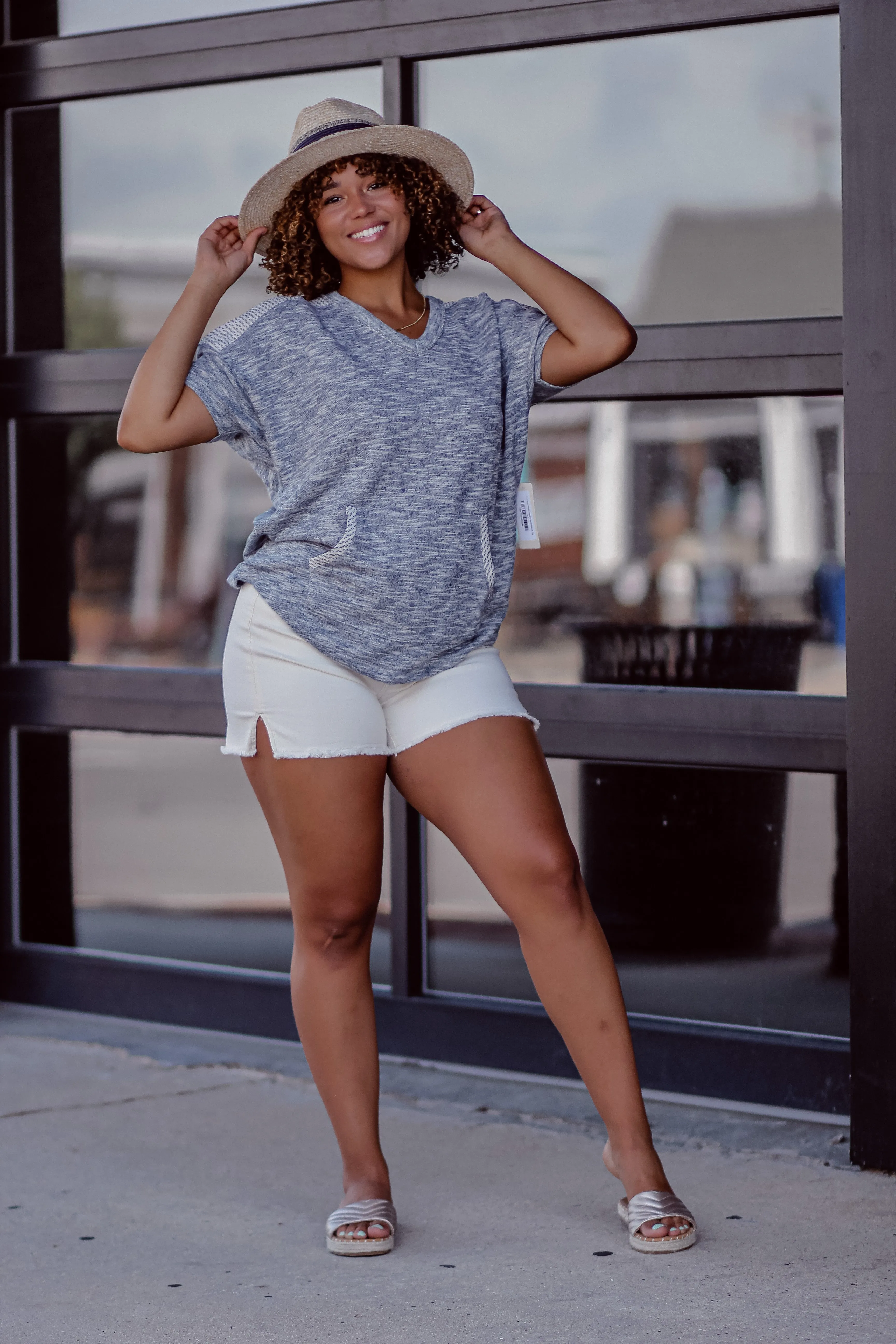 Grey and Checker Detail V Neck Pullover Top